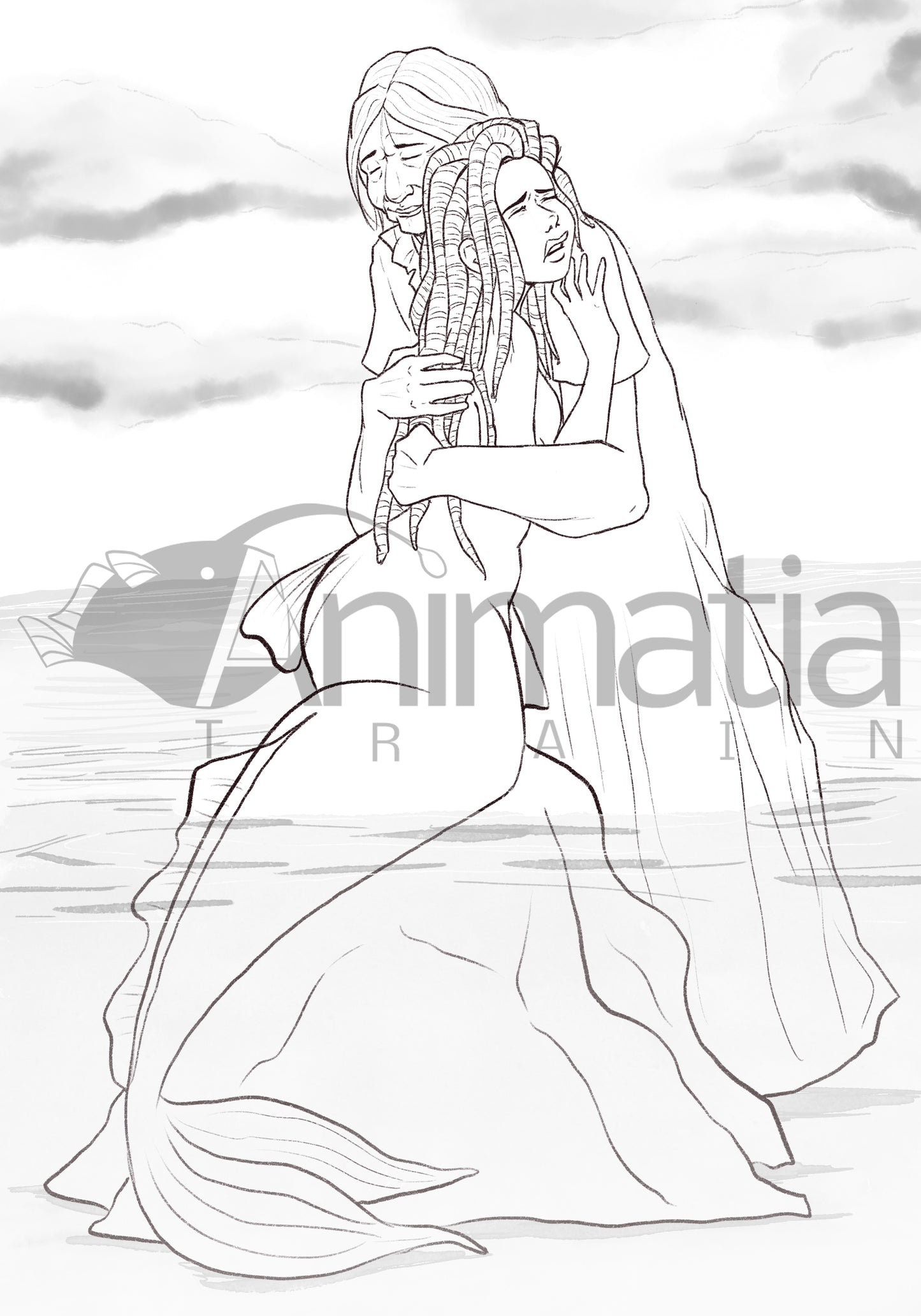 Old Woman and Mermaid - Coloring Page